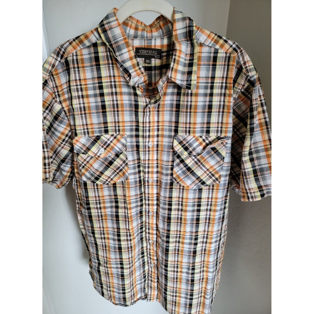 Vertical Sport Plaid Button Up Shirt Mens 3XL Orange Black Short Sleeve Casual